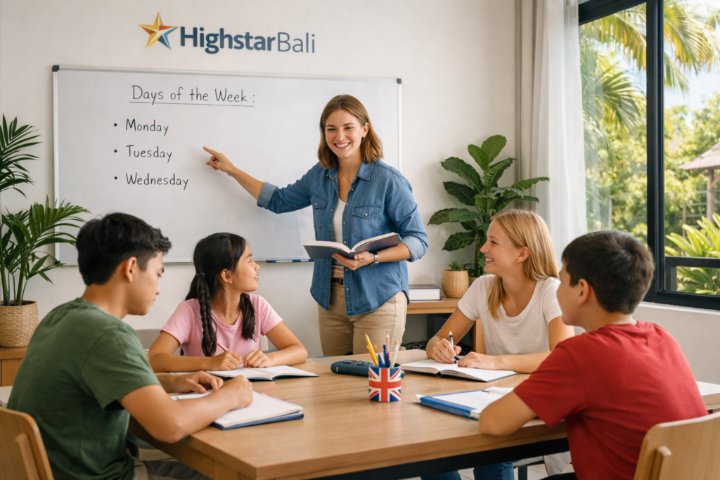 Kelas bahasa Inggris di Bali bersama HighstarBali dengan suasana belajar nyaman, siswa aktif dan tutor profesional di ruang kelas
