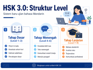 Struktur level HSK 3.0 dari tahap dasar level 1 sampai 3, tahap menengah level 4 sampai 6, dan tahap lanjutan level 7 sampai 9