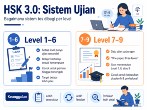 Sistem ujian HSK 3.0 untuk level 1 sampai 6 dengan ujian terpisah dan level 7 sampai 9 dengan satu ujian gabungan