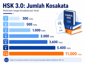 Jumlah kosakata HSK 3.0 per level mulai dari level 1 sebanyak 300 kata hingga level 7 sampai 9 sekitar 11000 kata